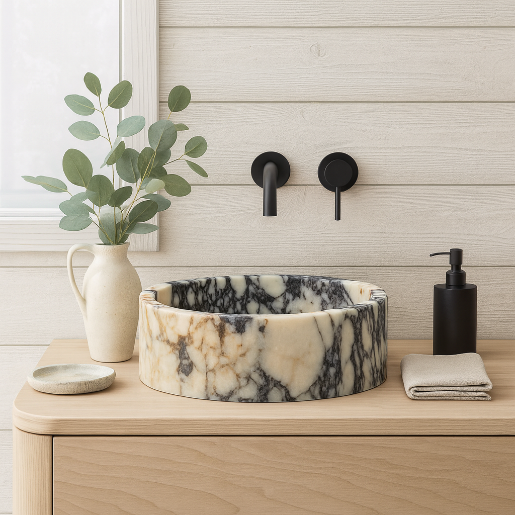 Calacatta Viola Marble Sink | Luxury Round Vessel Basin 16x16 | Natural Stone Bathroom Sink USA