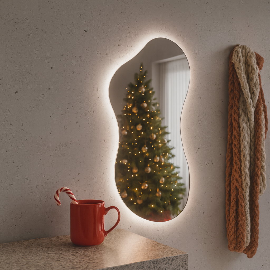 LED Bathroom Mirror Asymmetrical Shape – Modern Backlit Vanity Wall Mirror