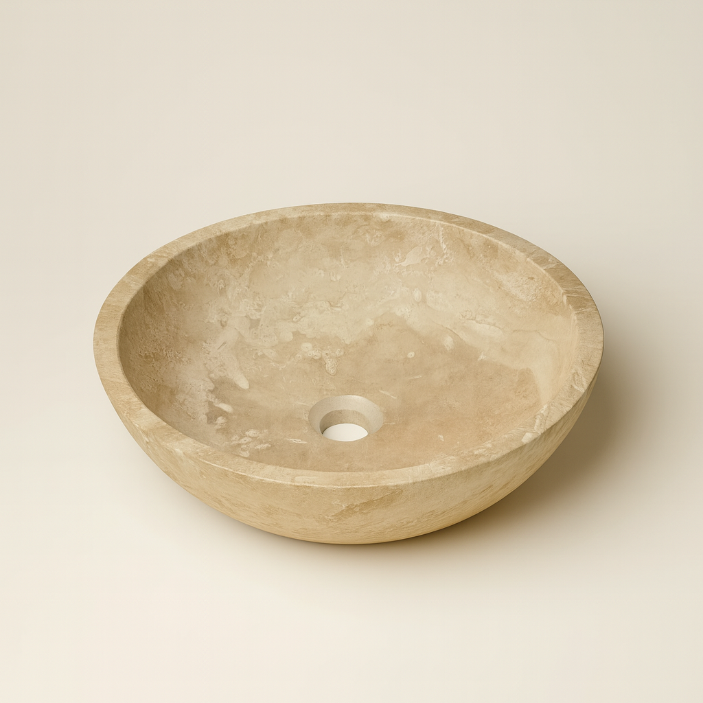 Light Travertine Marble Vessel Sink - Round Stone Bathroom Basin 16x16 | Luxury Natural Sink USA