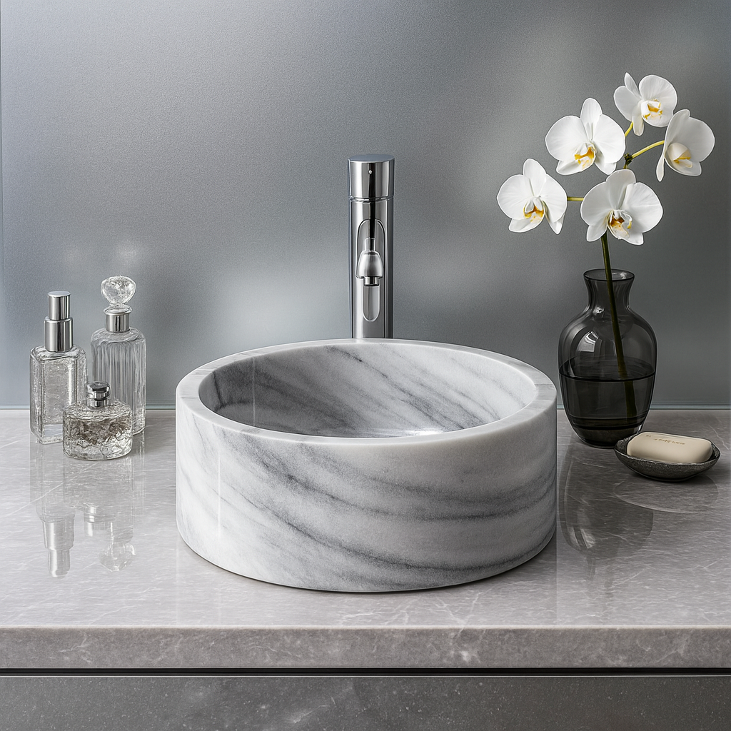 Grey Marble Sink | Round Vessel Basin 16.5x16.5 | Natural Stone Bathroom Sink USA