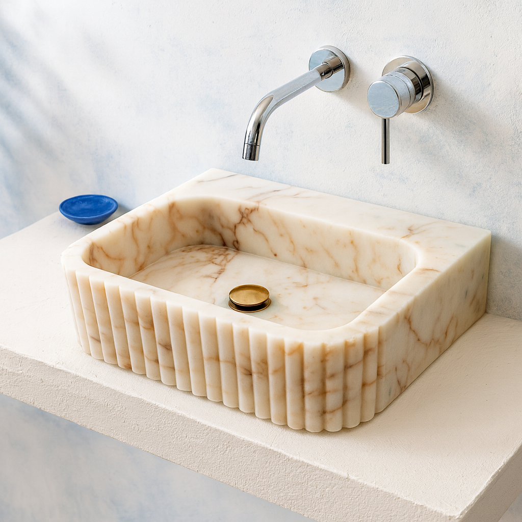 Calacatta Marble Vessel Sink - Luxury Fluted Bathroom Basin 16x20 | Premium Stone Sink USA