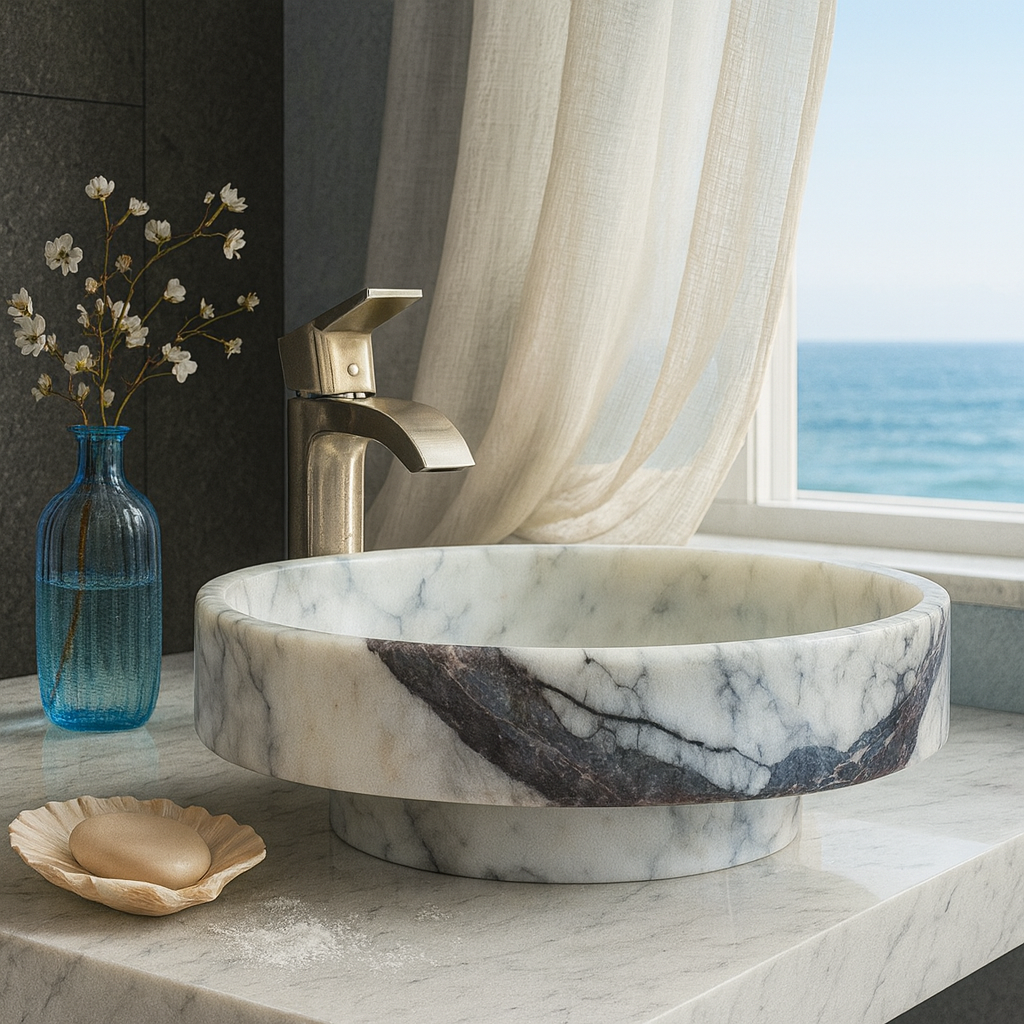 Marble Bathroom Sink – New York Marble Round Vessel Sink Polished | Natural Stone Above Counter Basin