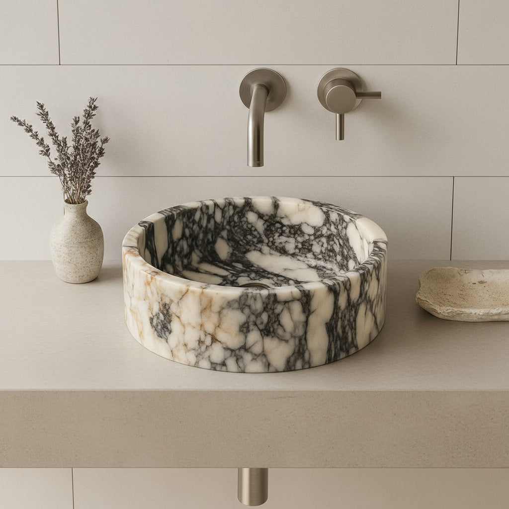 Calacatta Viola Marble Sink | Luxury Round Vessel Basin 16x16 | Natural Stone Bathroom Sink USA
