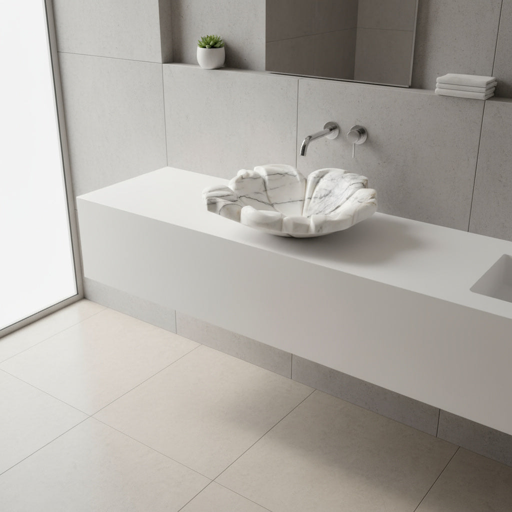 Flower Marble Sink | Hand-Carved Vessel Basin USA | Luxury Natural Stone Bathroom Sink
