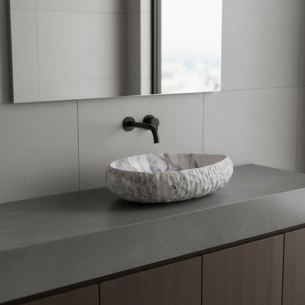 Luxury Marble Vessel Sink – Handcrafted Natural Stone Bathroom Basin with Textured Edge, Modern Vanity Bowl 21.6"x15.7"x5.5" (55x40x14 cm)