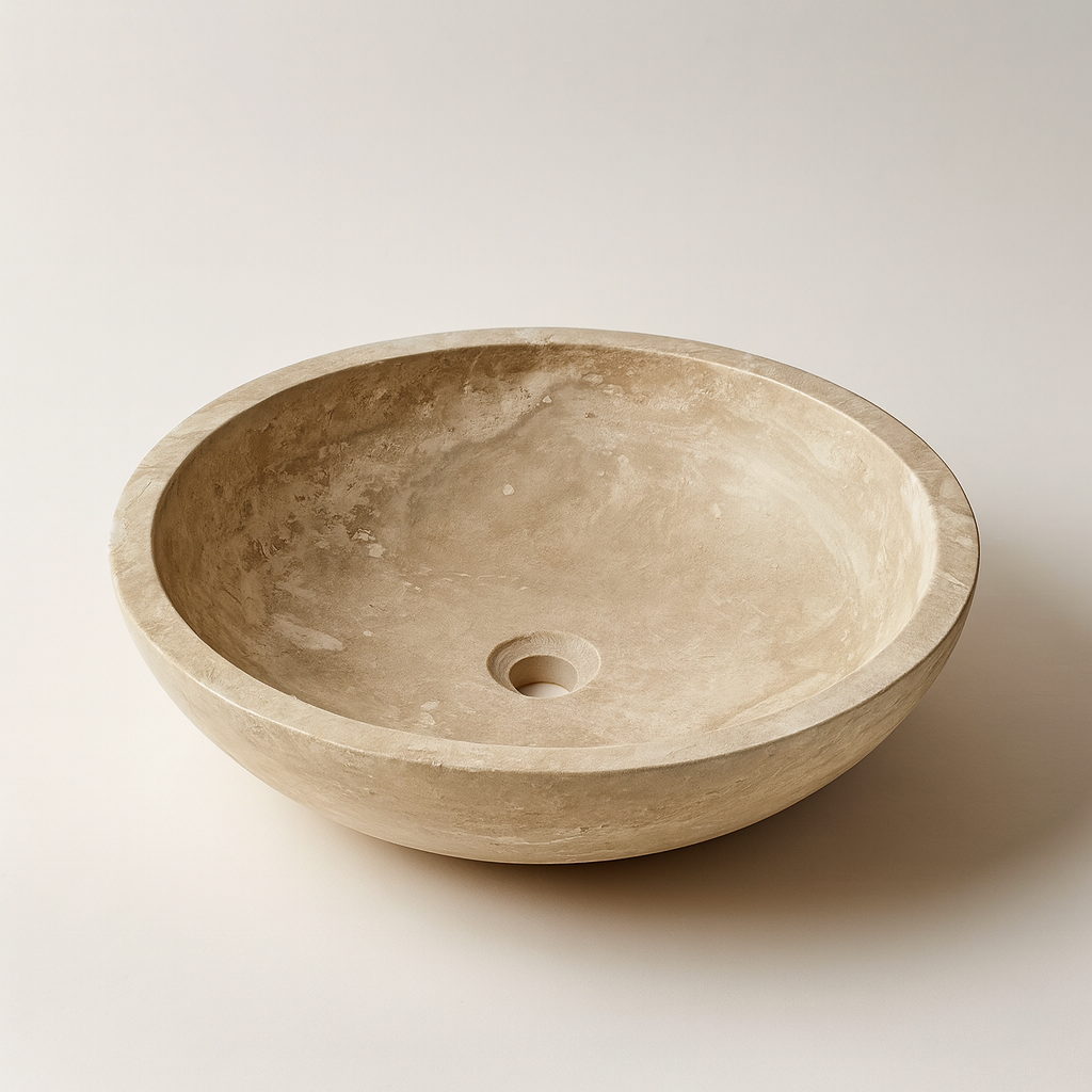 Light Travertine Marble Vessel Sink - Round Stone Bathroom Basin 16x16 | Luxury Natural Sink USA
