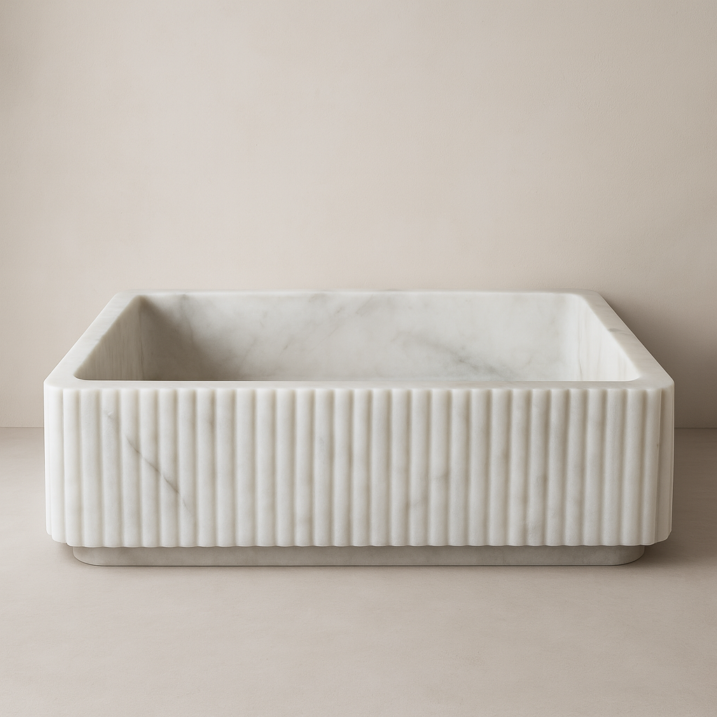 Carrara White Marble Wall Mount Sink | Luxury Bathroom Vanity Basin | Ribbed Textured Stone Sink