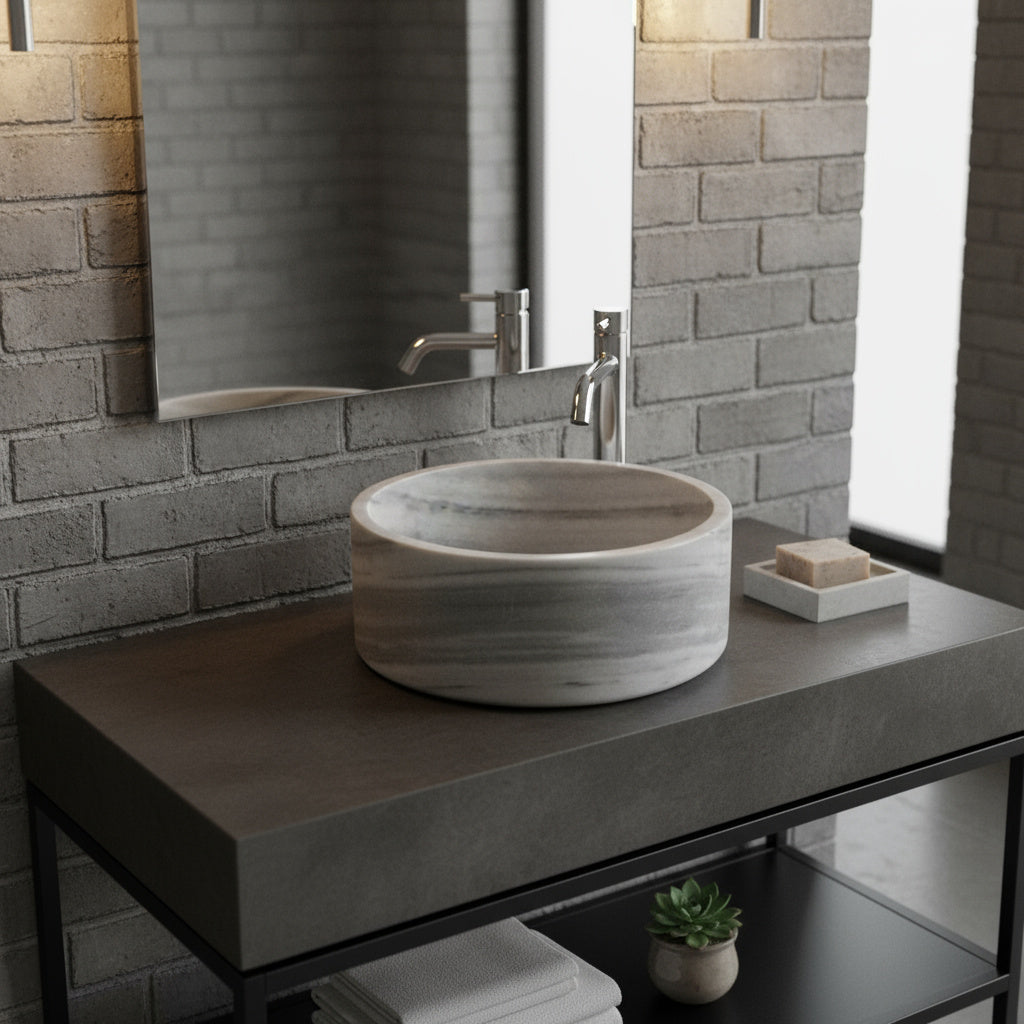 Grey Marble Sink | Round Vessel Basin 16.5x16.5 | Natural Stone Bathroom Sink USA