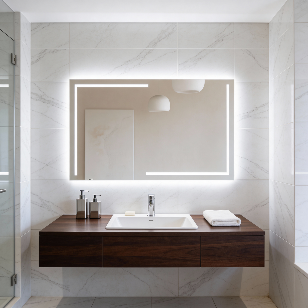 LED Bathroom Mirror – Luxury Geometric Lighted Vanity Mirror, Modern Backlit Wall Mirror with Artistic LED Lines