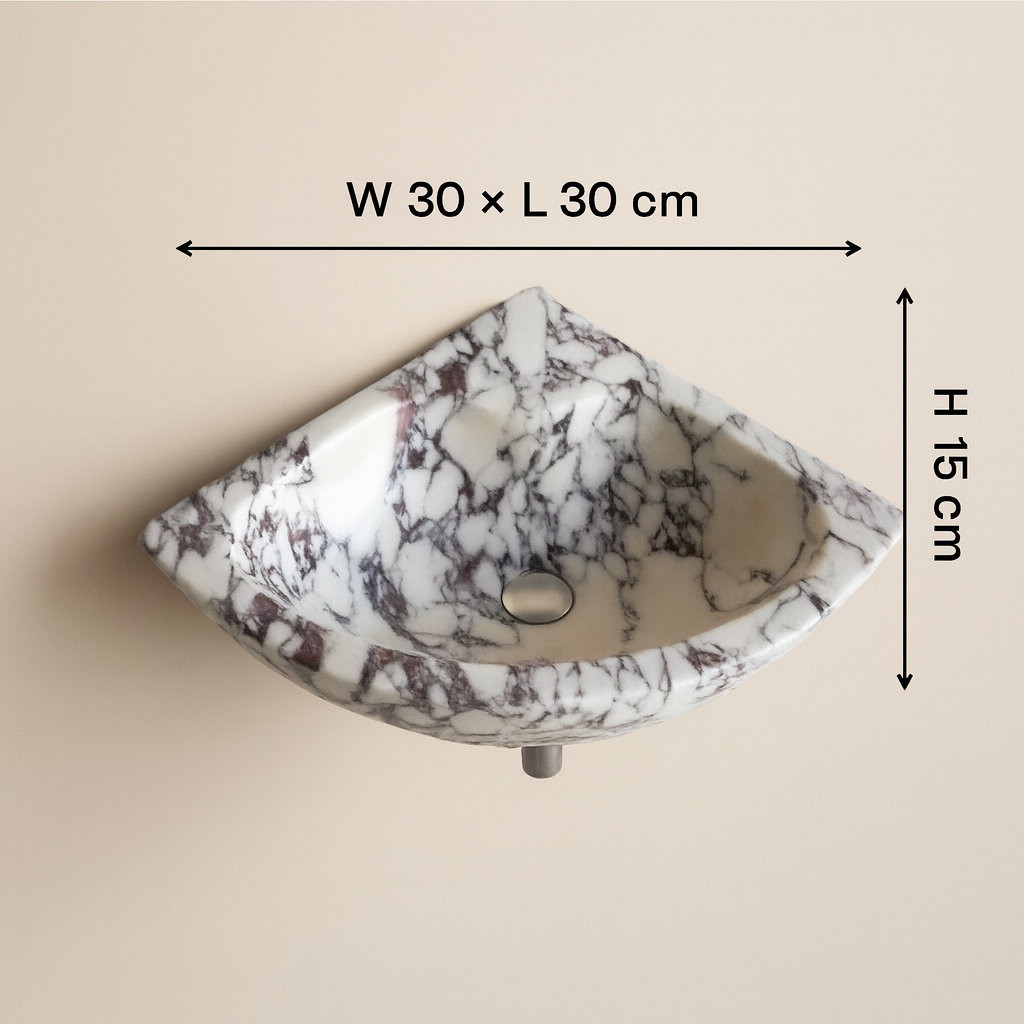 Calacatta Viola Marble Corner Sink | Wall Mount Bathroom Basin | Luxury Small Space Vanity