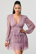 Lux Fantasy Glitter Mini Dress - Deep V-Neck & Tiered Ruffle Skirt