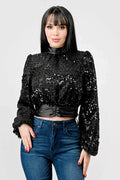 LUXE SEQUINS TEXTURE SATIN OPEN BACK TIE CROPPED TOP