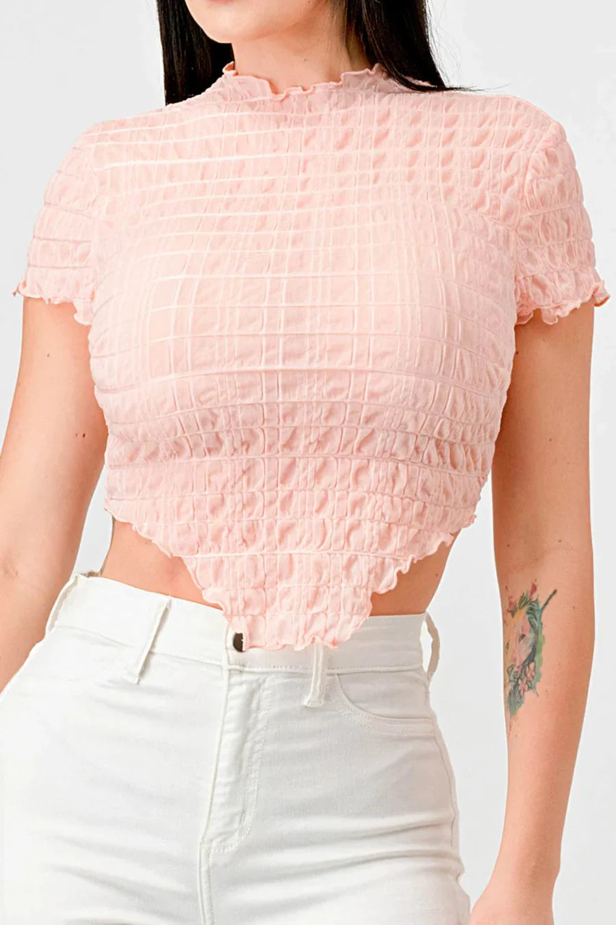 TEXTURED RUFFLED HEM KEYHOLE BACK ASYMMETRICAL CROPPED TOP