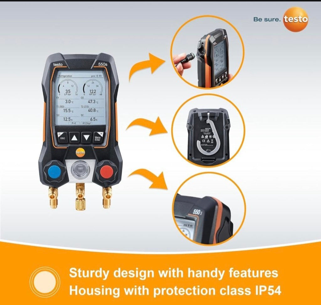 Open Box testo 550s AC Manifold Gauge Set - Manifold Gauges Hvac and Refrigeration - Incl. 2 Wired Temperature Clamp Probes - AC Recharge Kit with sup