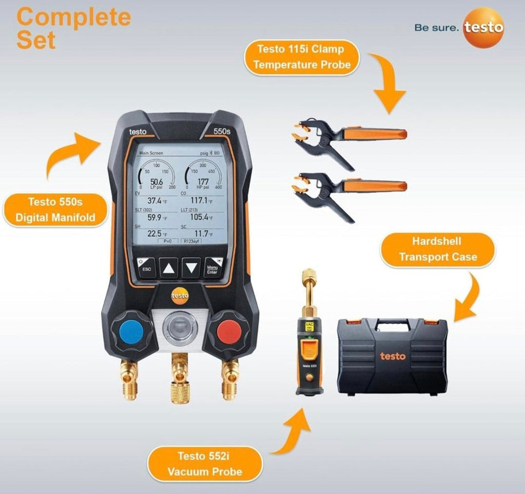 Open Box testo 550s AC Manifold Gauge Set - Manifold Gauges Hvac and Refrigeration - Incl. 2x testo 115i Pipe Clamp Thermometer, 1x testo 552i Micron