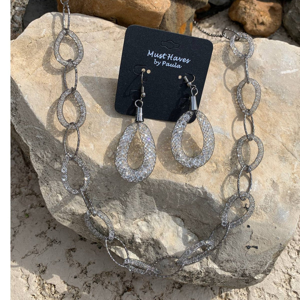 New 2pc Silver Pewter Chain Necklace Earring Jewelry Set Valentine Red Gift Box