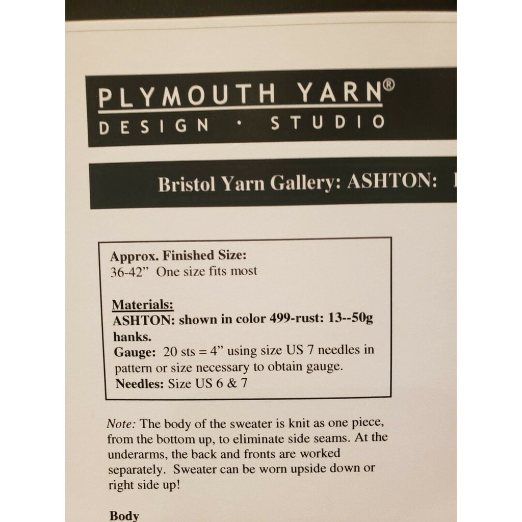NWT Bristol Yarn Gallery 1393 Ladies Upside Down Ashton Sweater Knitting Pattern