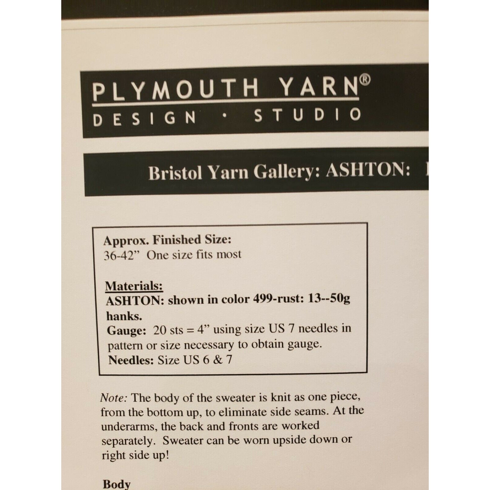 NWT Bristol Yarn Gallery 1393 Ladies Upside Down Ashton Sweater Knitting Pattern