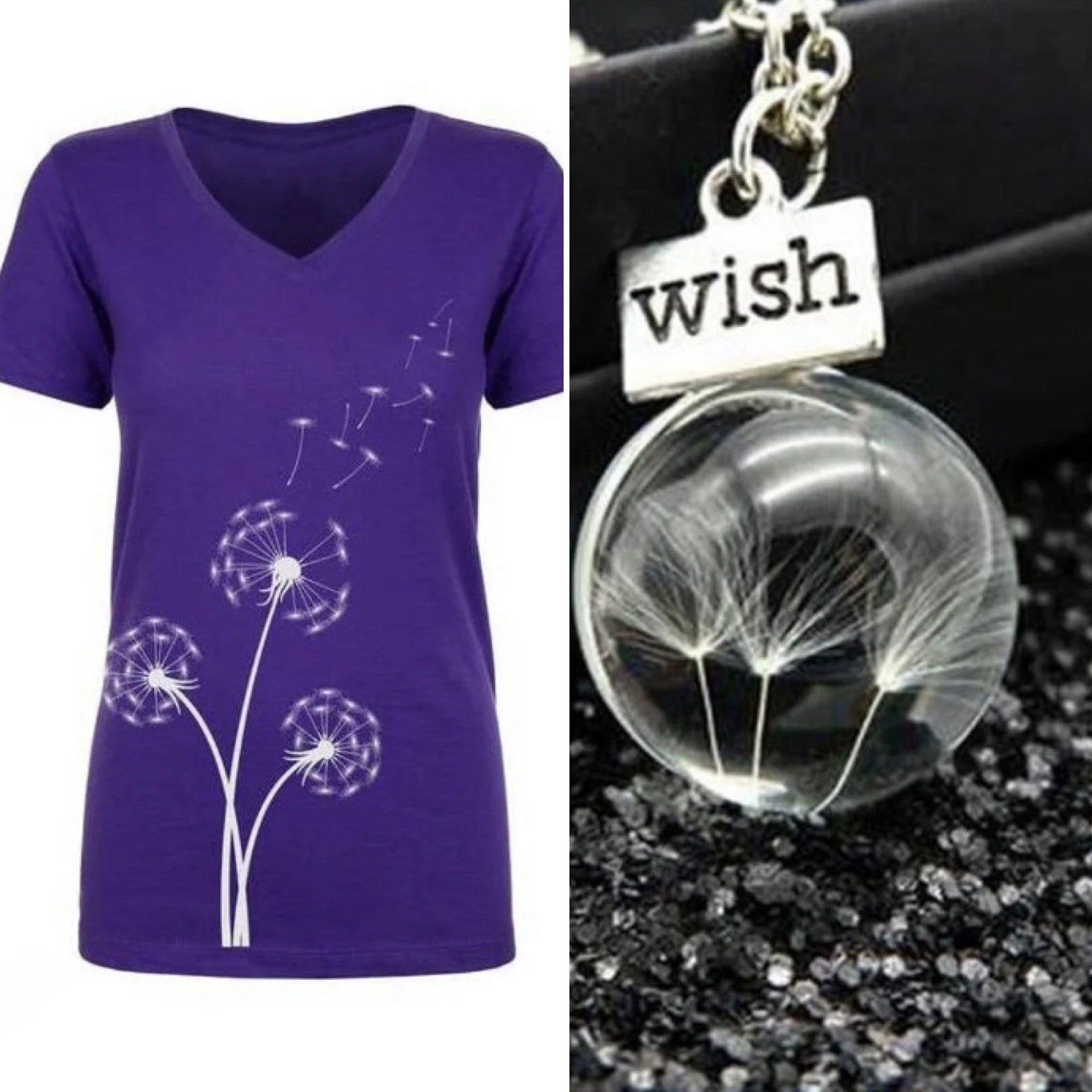 New Hand Printed Small Make A Wish Dandelion Short Sleeve Tee w Bonus Necklace