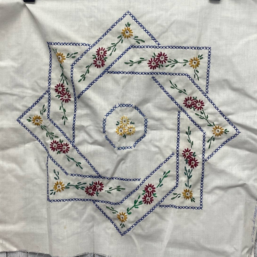 Vintage Handmade Cross Stitch Floral Diamond Wreath Ready to Frame Wall Art