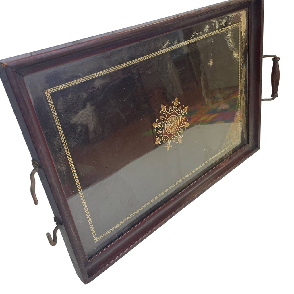 Vintage Glass Top Floral Aged Patina Wooden Tray Velvet Back Missing Handle