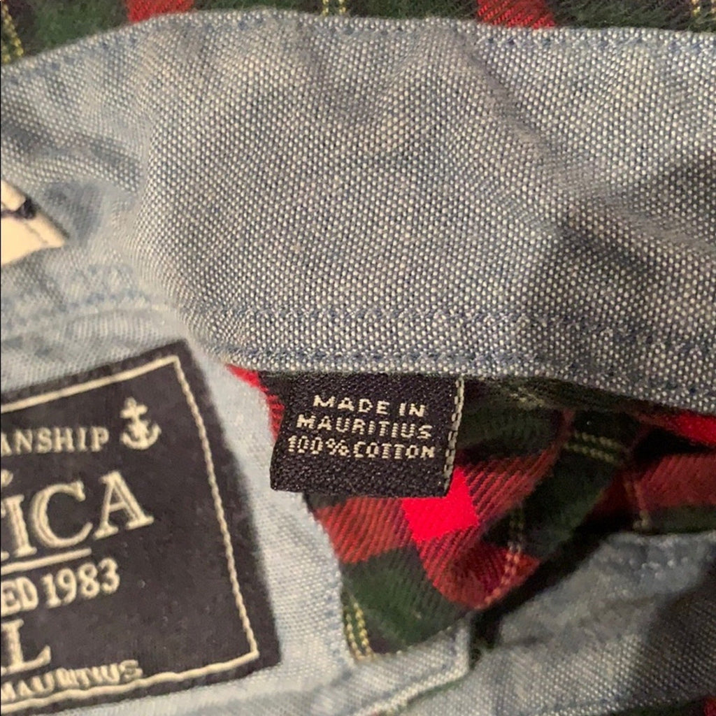 Nautica Mens XL Red Green Plaid 100% Cotton Long Sleeve Button Down Casual Shirt