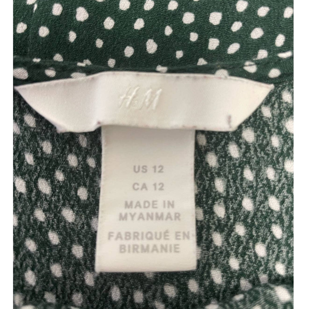 H&M Womens Size 12 100% Viscose Long Sleeve Forest Green Polka Dot Blouse Top