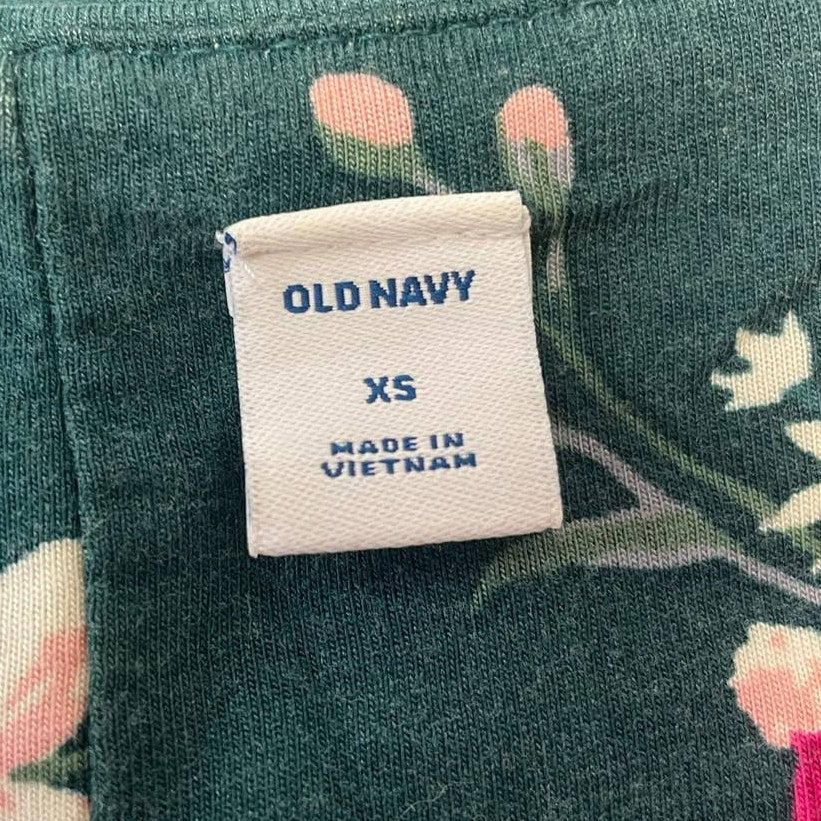 Old Navy XS Long Sleeve Deep V-Neck Rayon Blend Fit & Flare Green Floral Dress
