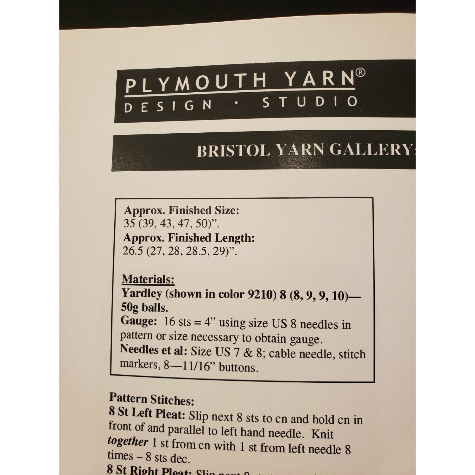 NWT Bristol Yarn Gallery 1400 Pocket Ladies Jacket Sweater Knitting Pattern