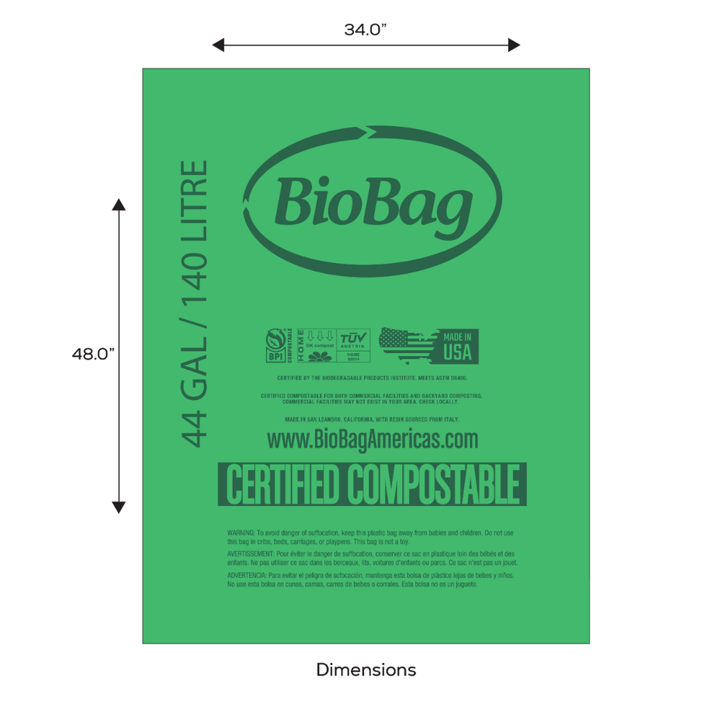 BioBag 44 Gallon Compostable Bags 34x48 Green (QTY 80), BPI Certified, SKU 44G3448