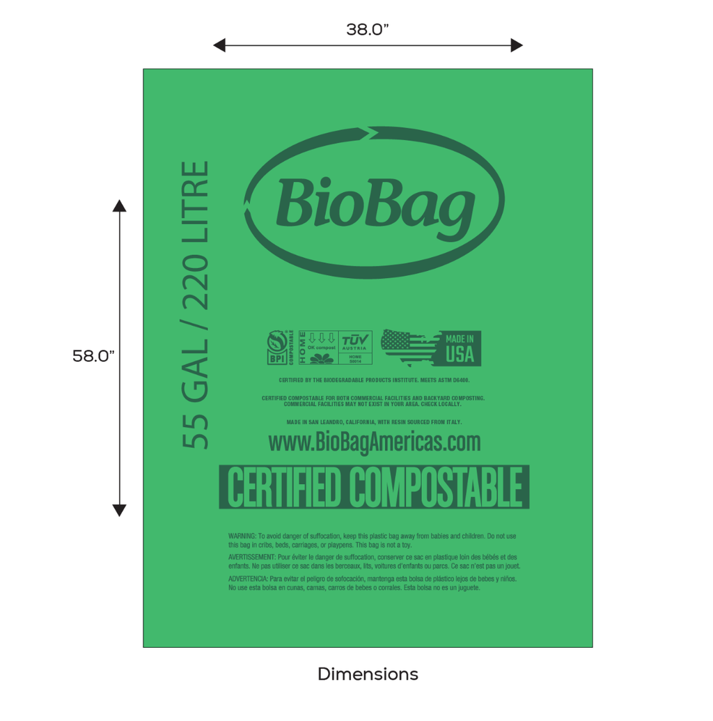 BioBag 55 Gallon Compostable Bags 38x58 Green (QTY 80), BPI Certified, SKU 55G3858