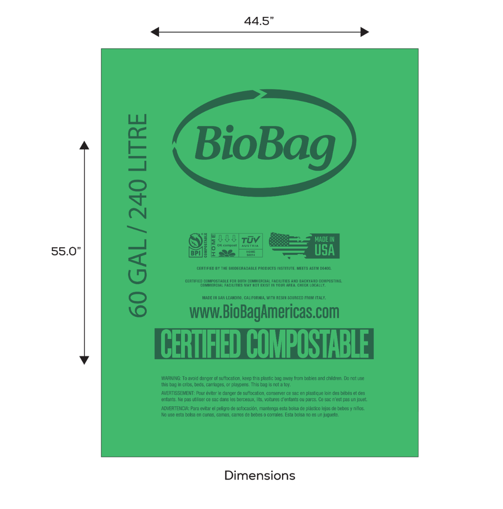 BioBag 60 Gallon Compostable Bags 44.5x55 (QTY 80), SKU 60G4555