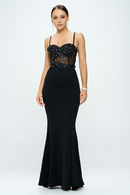Beaded Bustier Mermaid Maxi Dress