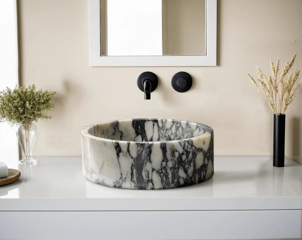 Calacatta Viola Marble Sink | Luxury Round Vessel Basin 16x16 | Natural Stone Bathroom Sink USA