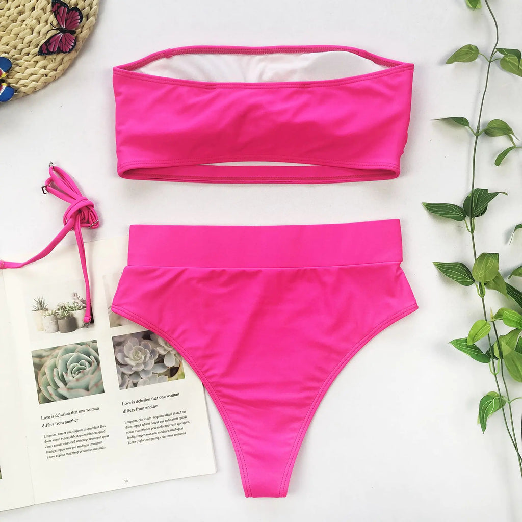 Chic Metal Buckle Strapless Bikini Swimsuit for Women
